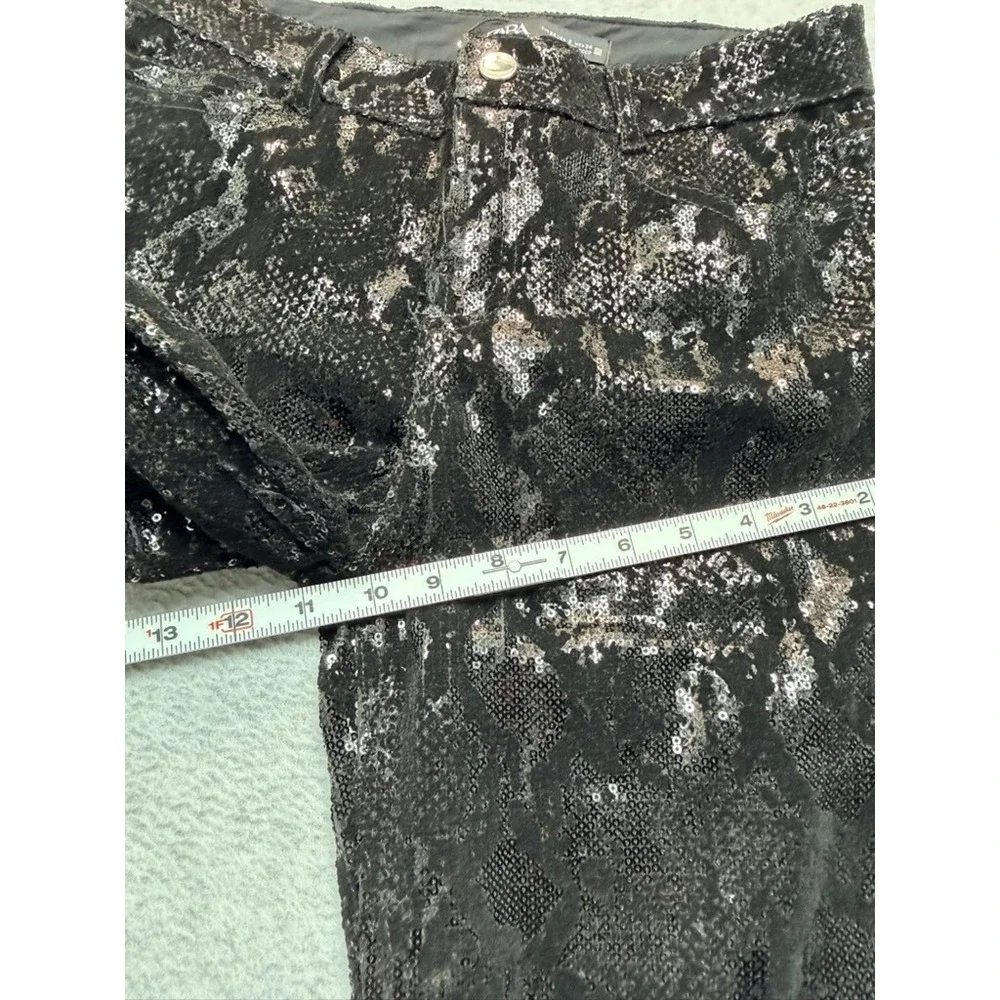 Zara Womens Black Silver Sequin Snakeskin Wide Leg Pants High Rise Trousers